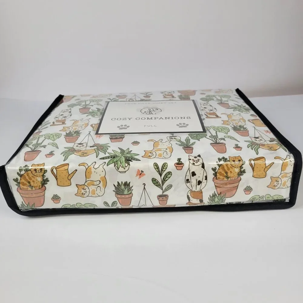 Cats Plants 4pc FULL Sheet Set Calico Orange Tabby Fern Aloe Monstera Succulents
